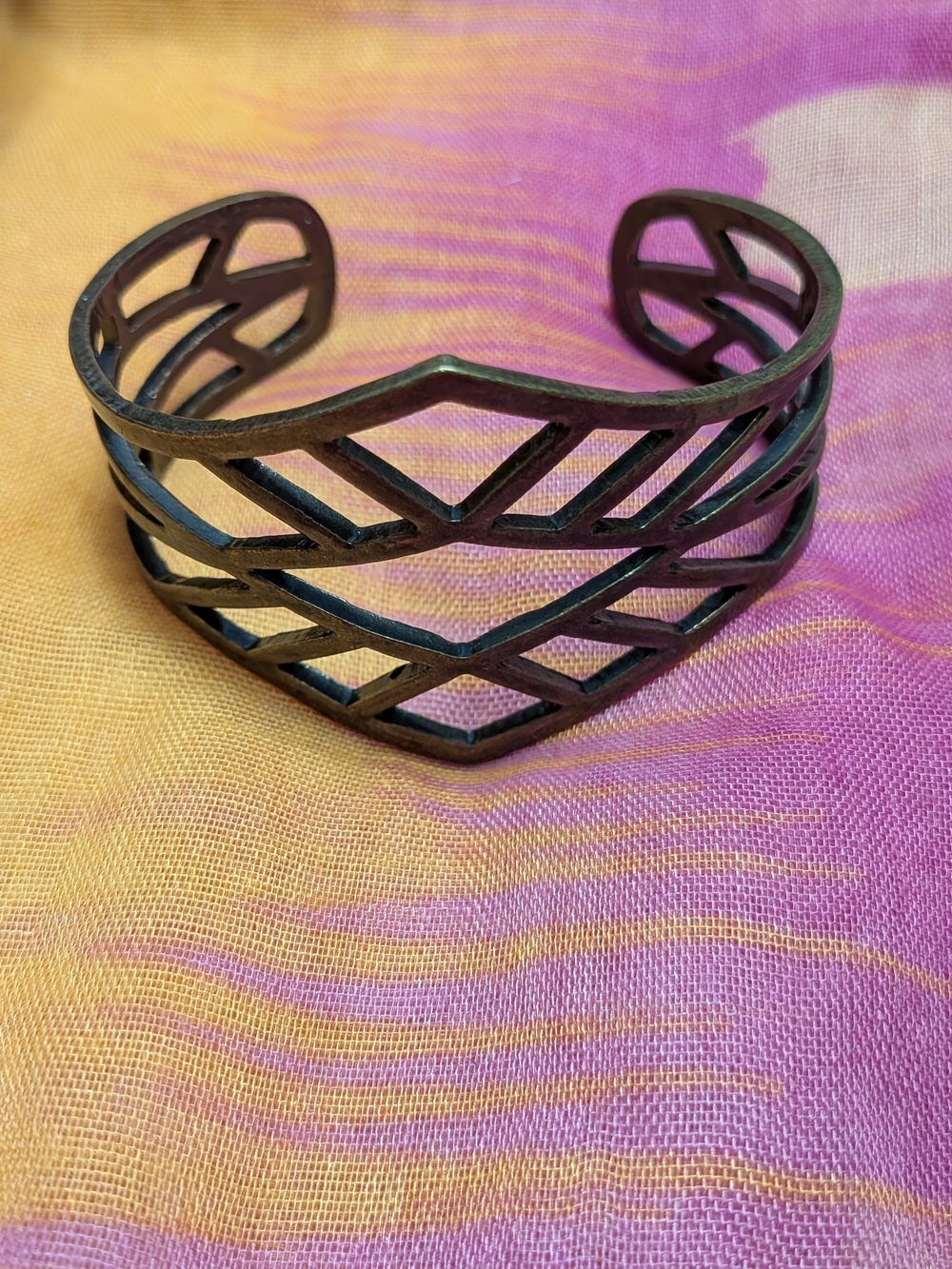 Lot of 2 Antique Bronze Tone Open Cuff Bracelets Geometric & Rhinestone